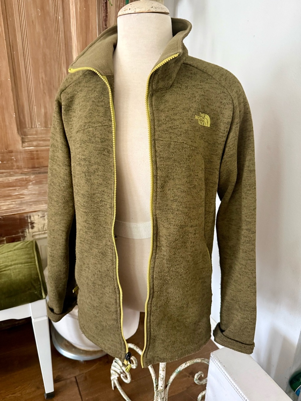 The North Face Olive Green Zip-Up Fleece with Yellow Trim